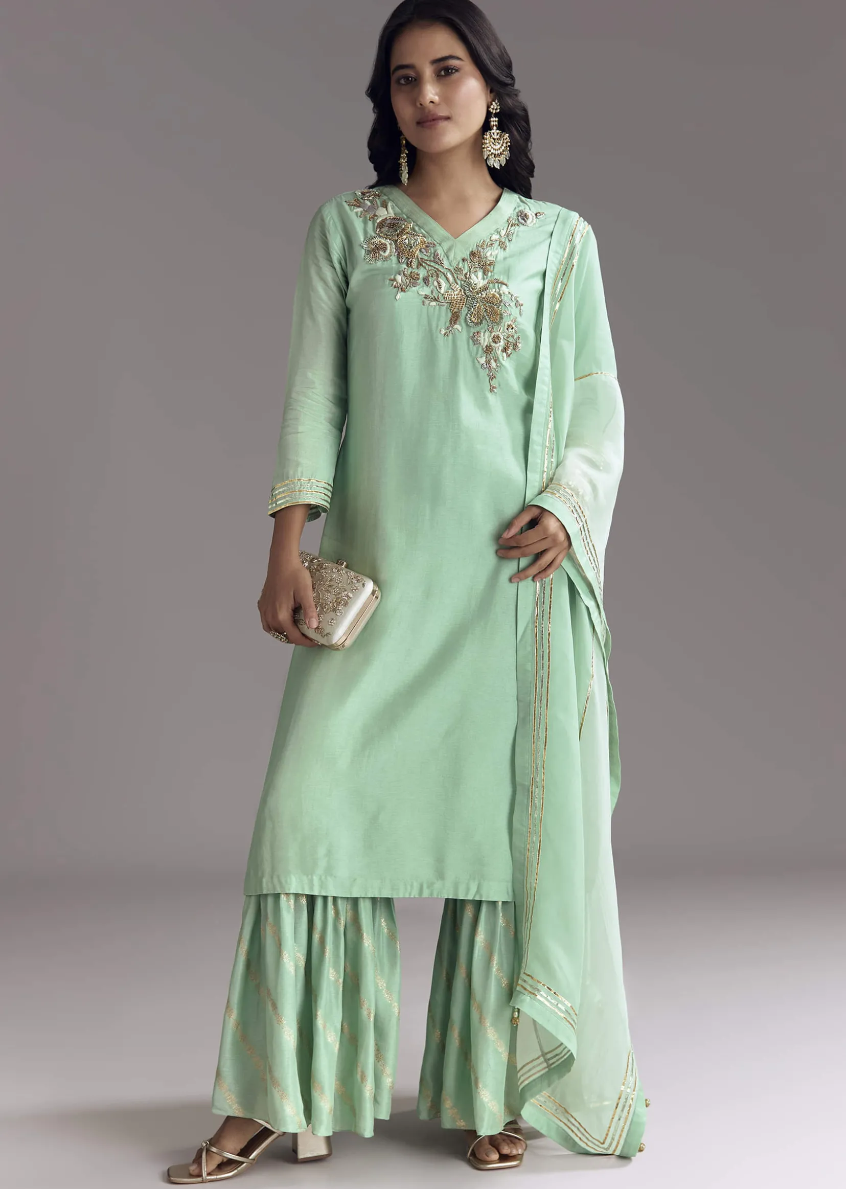 Mint Green Silk Kurta Sharara Set With Gotta Work