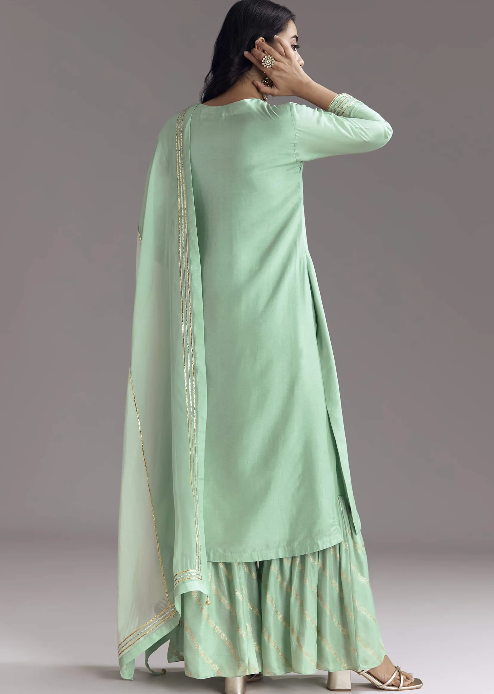 Mint Green Silk Kurta Sharara Set With Gotta Work