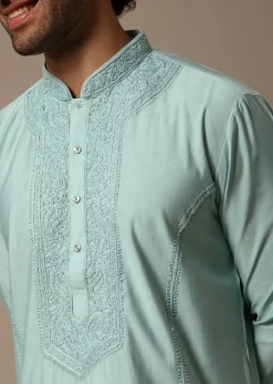 Mint Green Threadwork Silk Kurta Set For Men