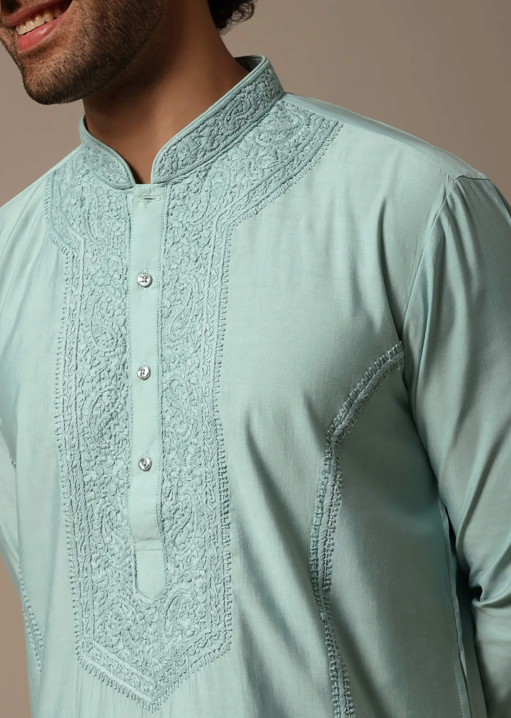 Mint Green Threadwork Silk Kurta Set For Men