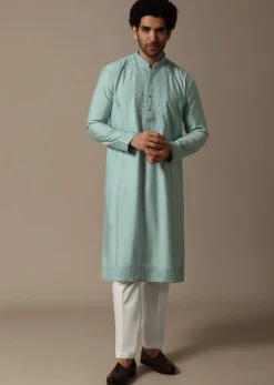 Mint Green Threadwork Silk Kurta Set For Men