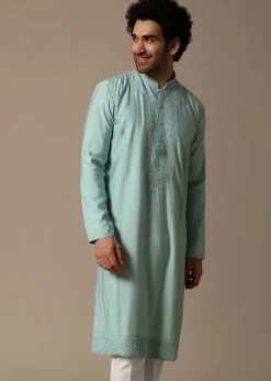 Mint Green Threadwork Silk Kurta Set For Men