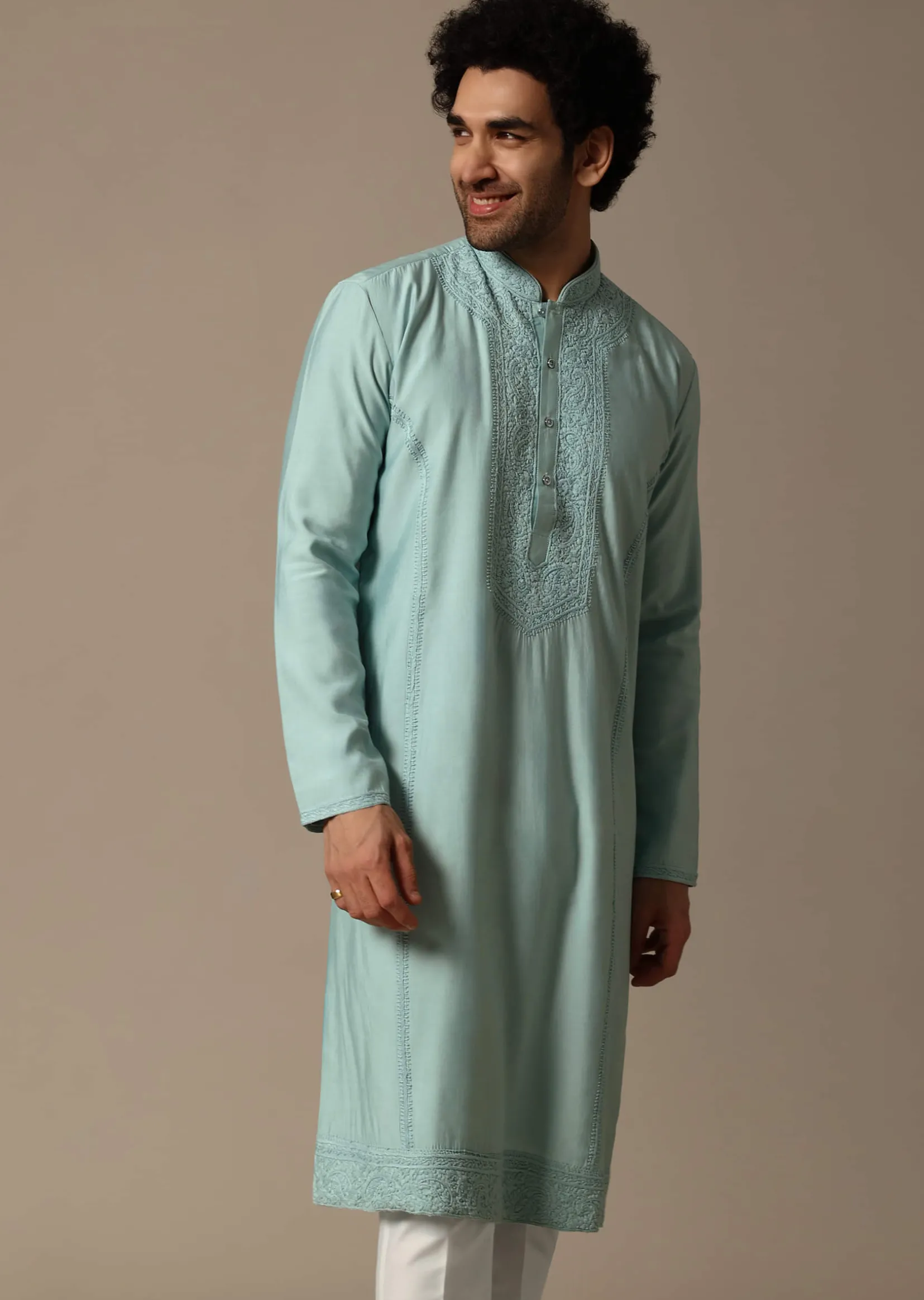 Mint Green Threadwork Silk Kurta Set For Men
