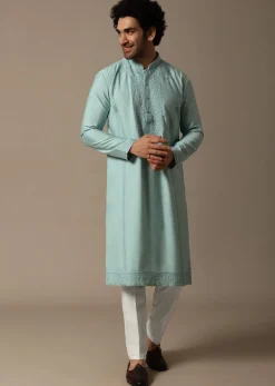 Mint Green Threadwork Silk Kurta Set For Men