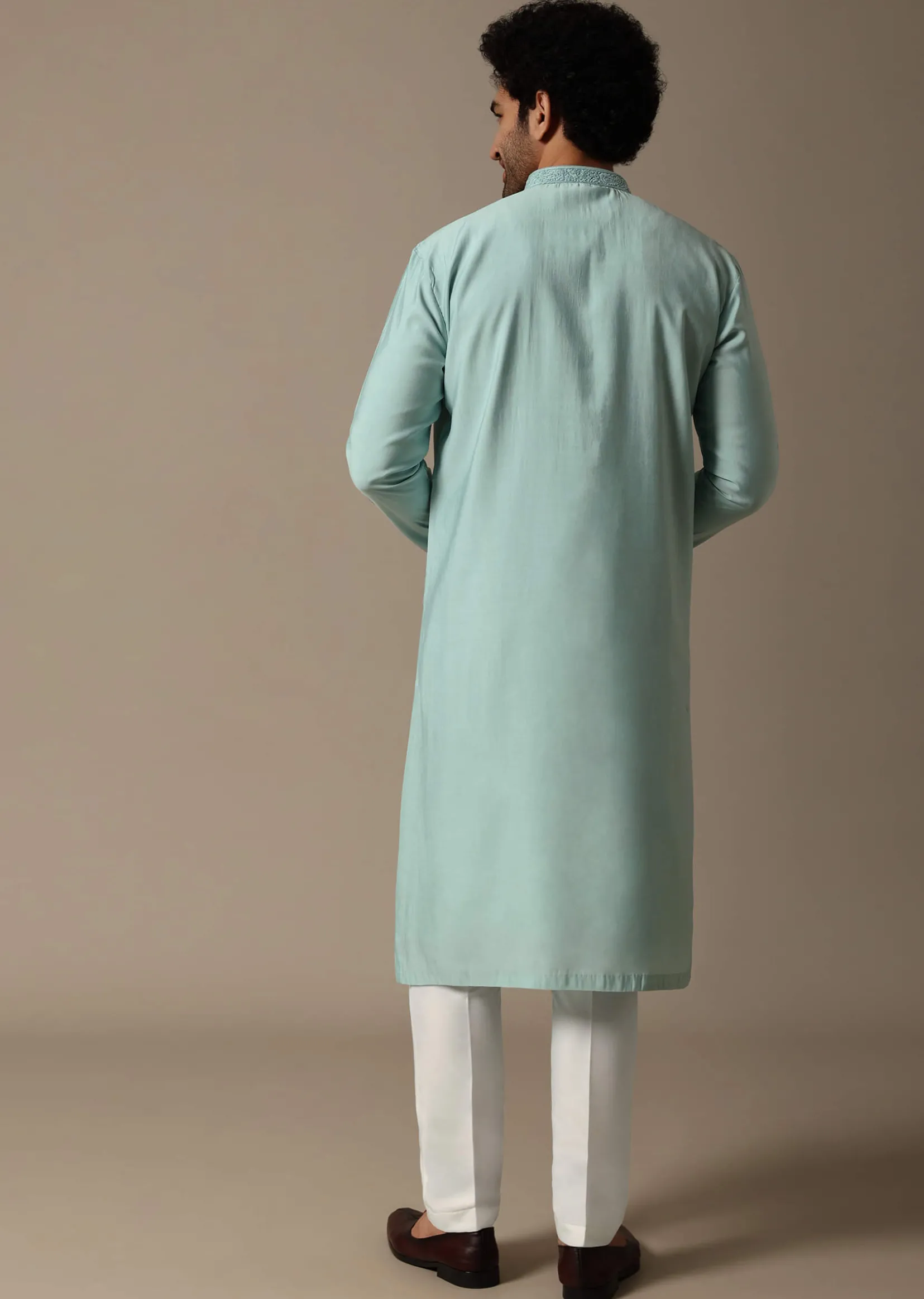 Mint Green Threadwork Silk Kurta Set For Men