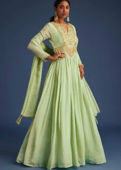 Mint Green Tissue Embroidered Anarkali With Dupatta