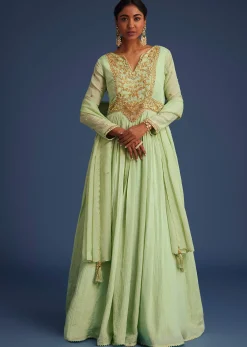 Mint Green Tissue Embroidered Anarkali With Dupatta