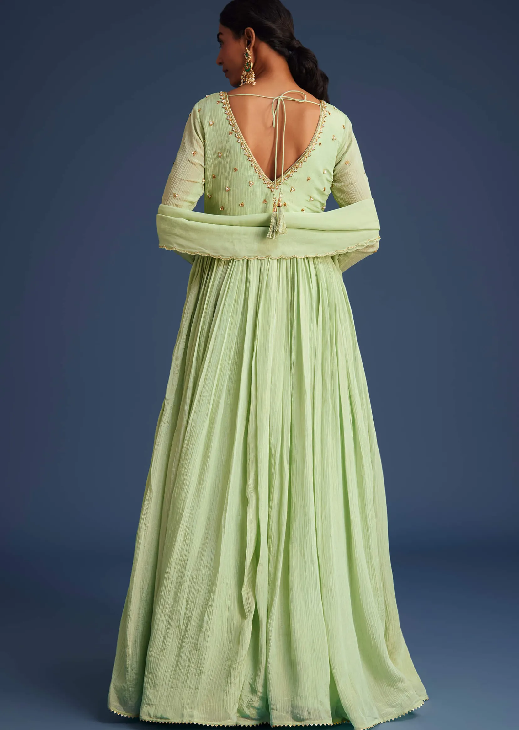 Mint Green Tissue Embroidered Anarkali With Dupatta