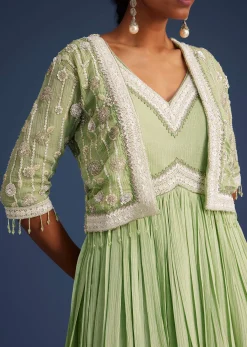 Mint Green Tissue Gown With Embroidered Jacket