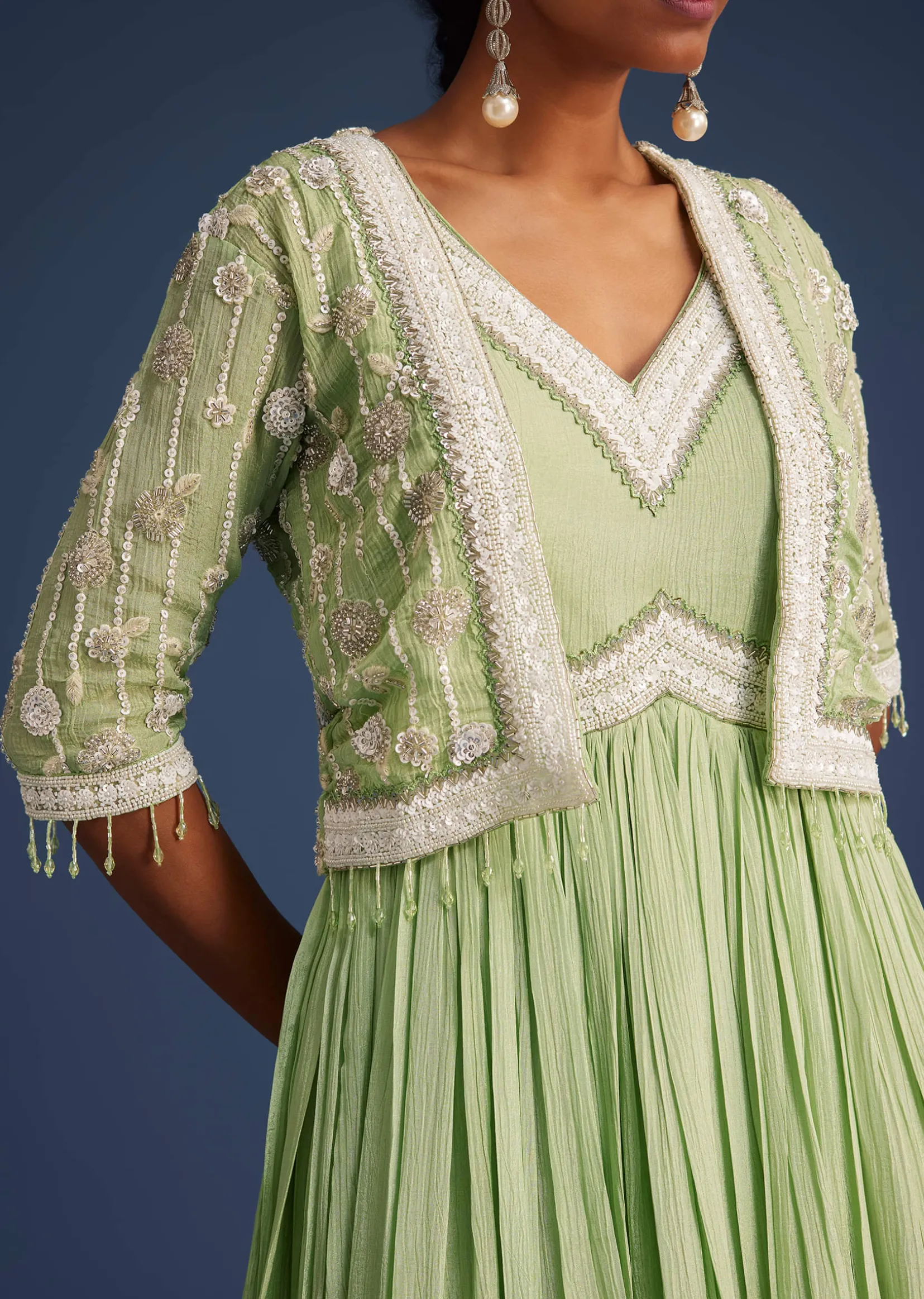 Mint Green Tissue Gown With Embroidered Jacket