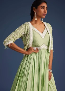 Mint Green Tissue Gown With Embroidered Jacket