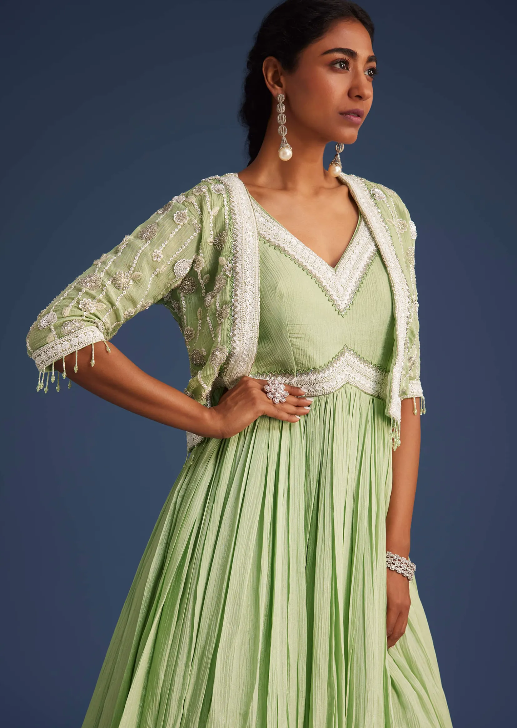 Mint Green Tissue Gown With Embroidered Jacket