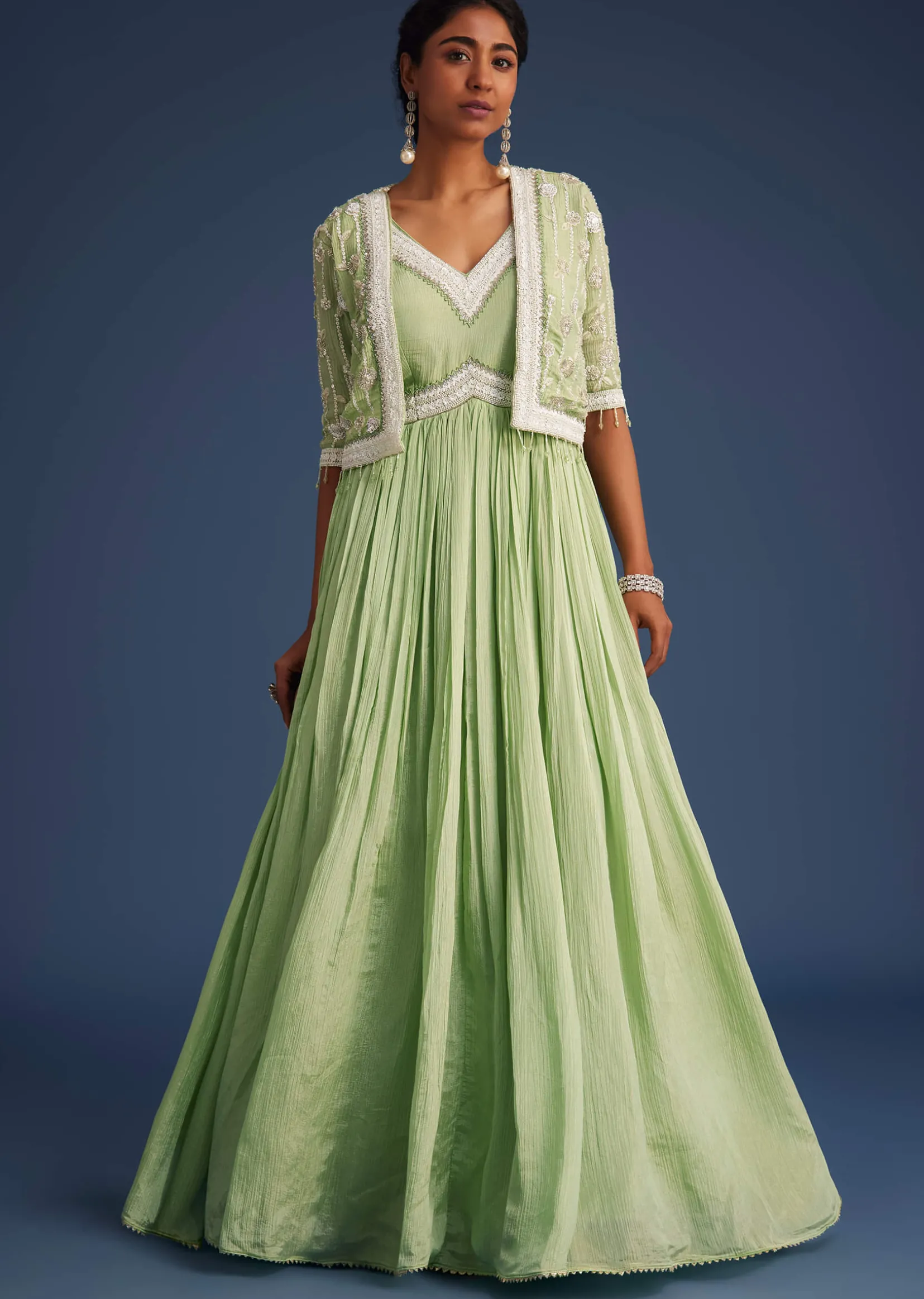 Mint Green Tissue Gown With Embroidered Jacket