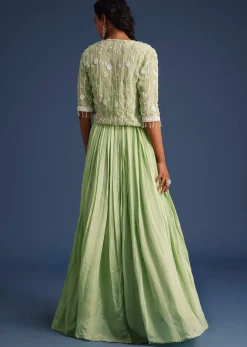 Mint Green Tissue Gown With Embroidered Jacket