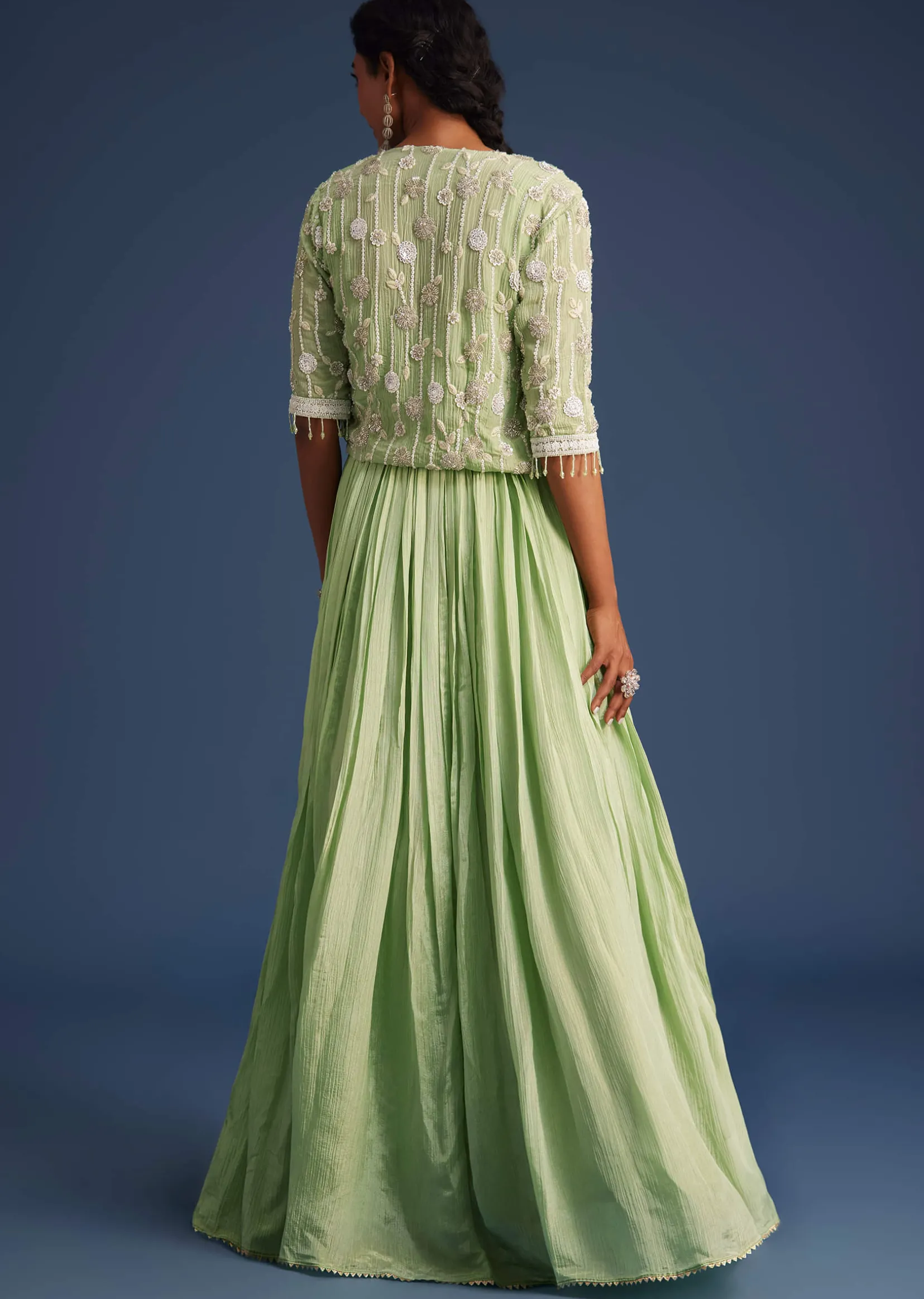 Mint Green Tissue Gown With Embroidered Jacket