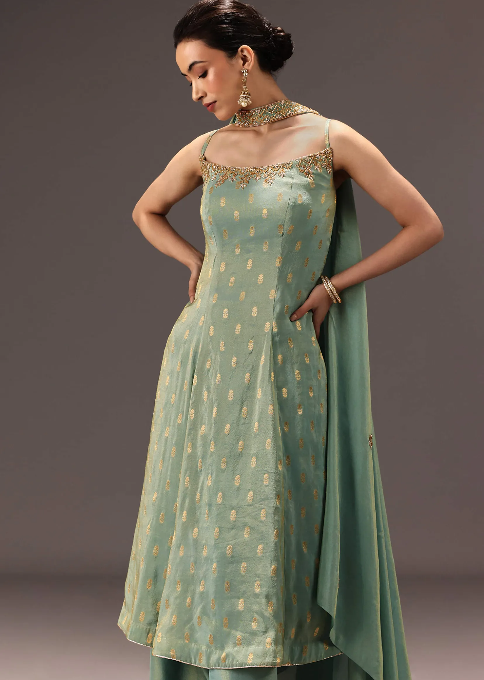 Mint Green Tissue Hand Embroidered Kurta Set