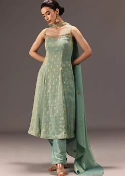 Mint Green Tissue Hand Embroidered Kurta Set
