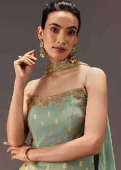 Mint Green Tissue Hand Embroidered Kurta Set