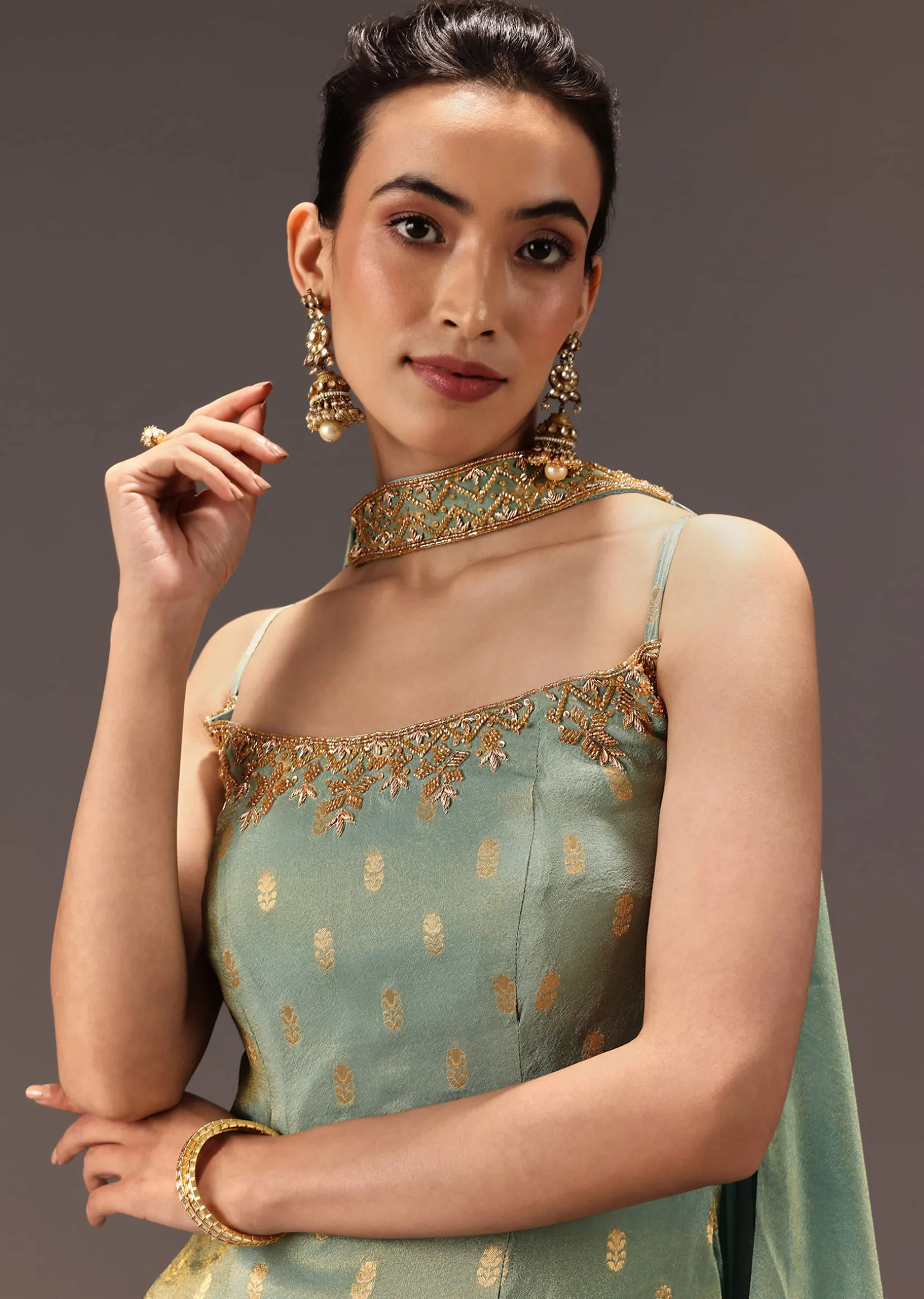 Mint Green Tissue Hand Embroidered Kurta Set