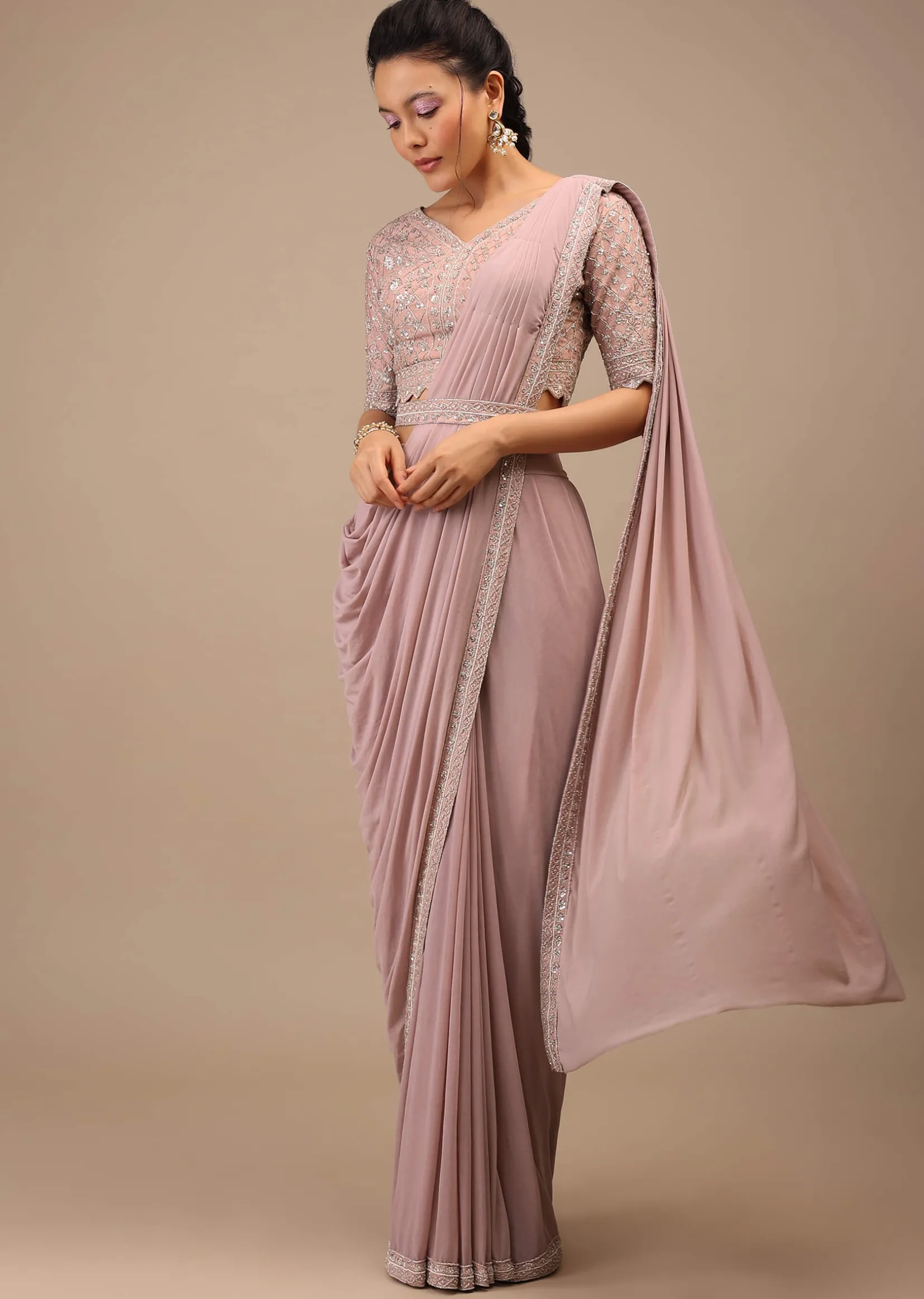 Misty Rose Pre Drape Saree In Lycra Blend Detailed With Embroidery Work On Pallu Border And Moroccan Jaal