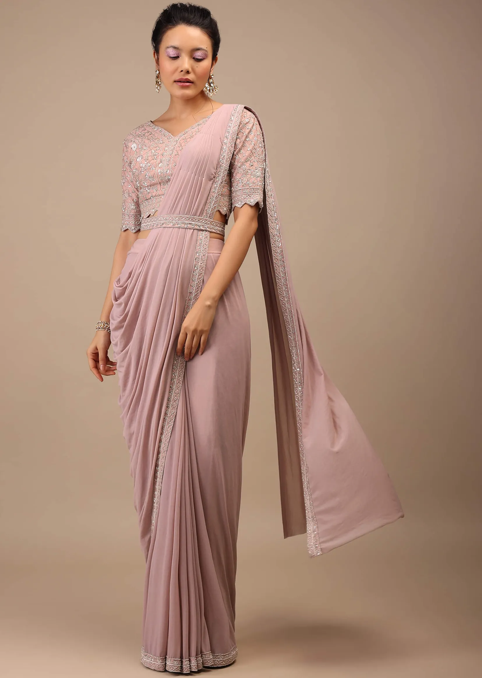 Misty Rose Pre Drape Saree In Lycra Blend Detailed With Embroidery Work On Pallu Border And Moroccan Jaal
