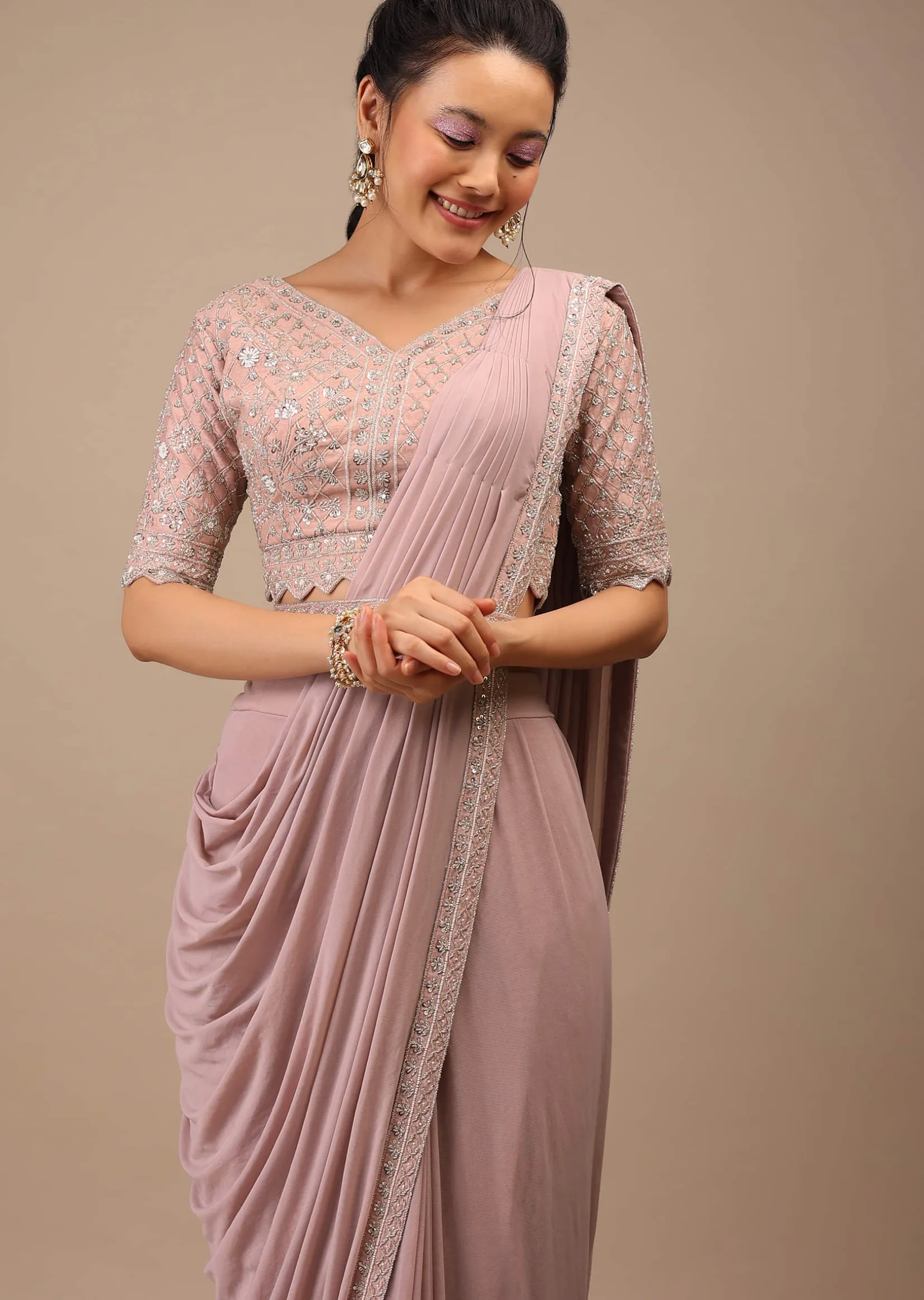 Misty Rose Pre Drape Saree In Lycra Blend Detailed With Embroidery Work On Pallu Border And Moroccan Jaal