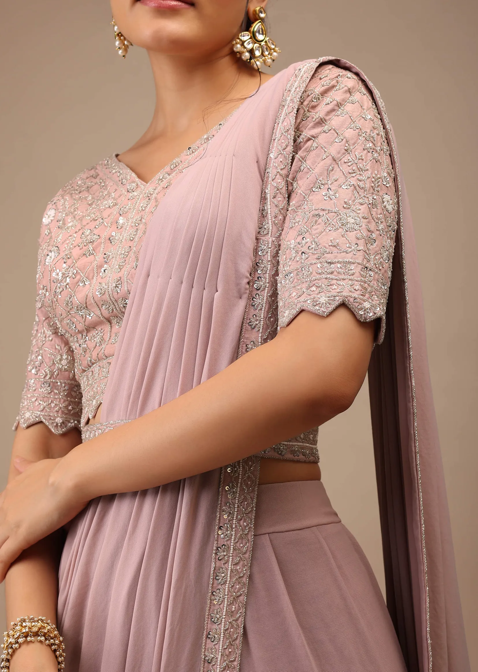Misty Rose Pre Drape Saree In Lycra Blend Detailed With Embroidery Work On Pallu Border And Moroccan Jaal