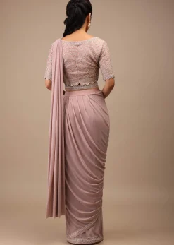 Misty Rose Pre Drape Saree In Lycra Blend Detailed With Embroidery Work On Pallu Border And Moroccan Jaal