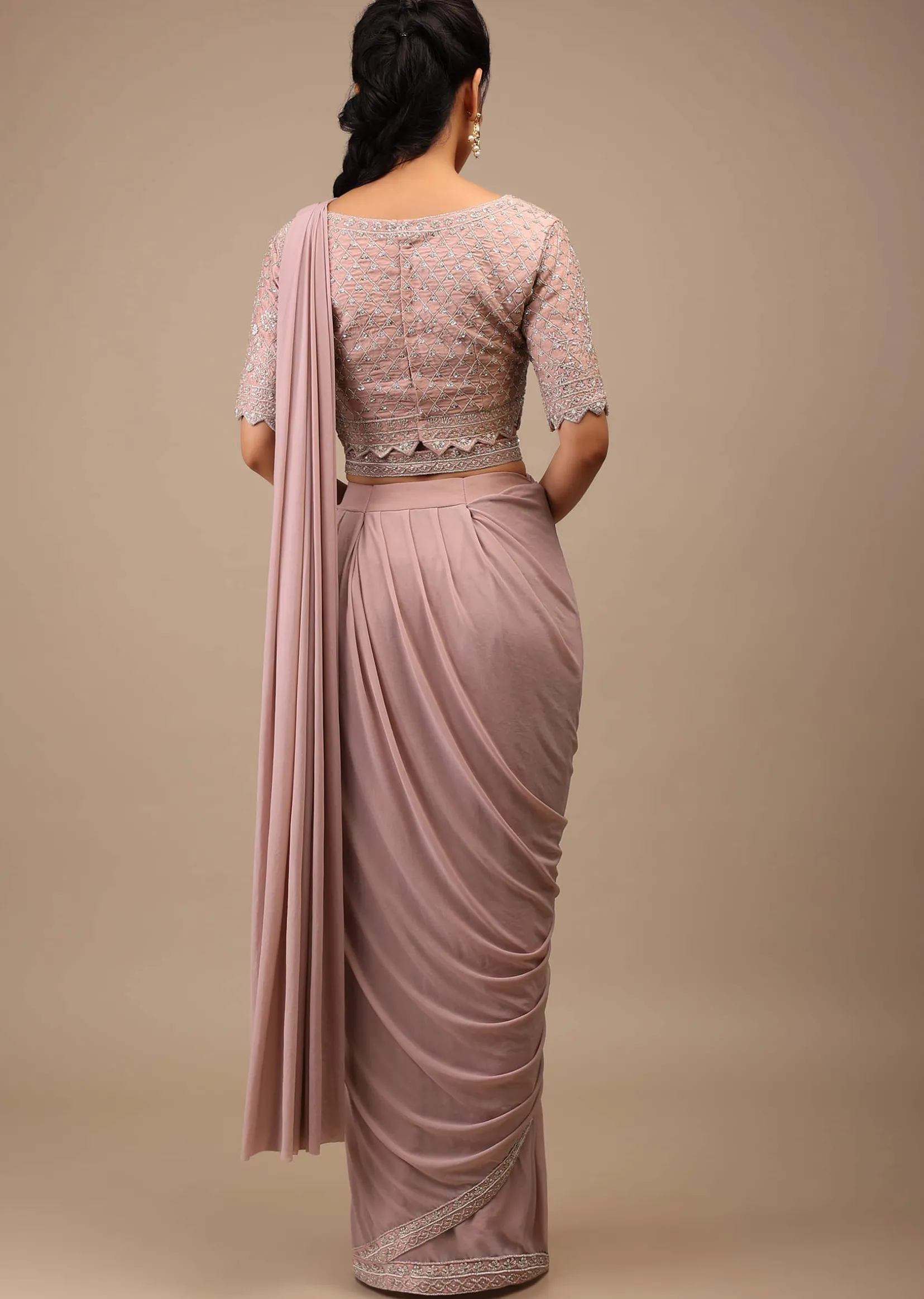 Misty Rose Pre Drape Saree In Lycra Blend Detailed With Embroidery Work On Pallu Border And Moroccan Jaal