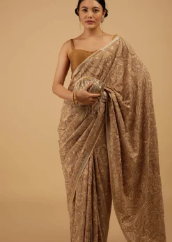Mocha Brown Festive Toasted Almond Beige Saree Kashmiri Embroidered In Georgette