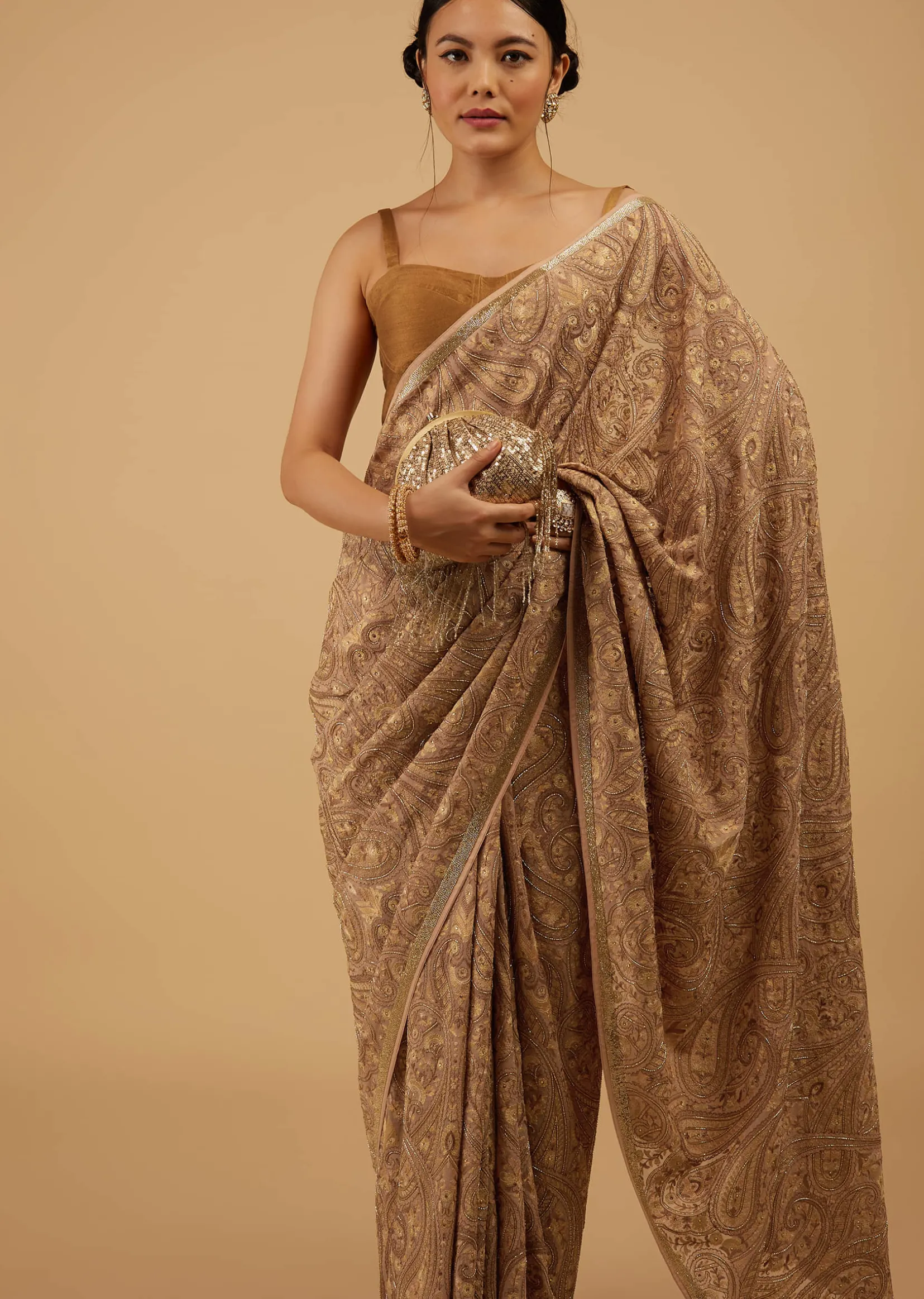 Mocha Brown Festive Toasted Almond Beige Saree Kashmiri Embroidered In Georgette