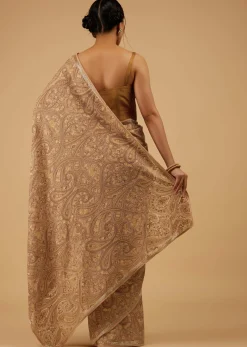 Mocha Brown Festive Toasted Almond Beige Saree Kashmiri Embroidered In Georgette