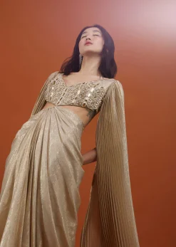 Mocha Brown Gown With A Pre-Pleated Dhoti Skirt Area And Royal Cape Sleeves- NOOR 2022