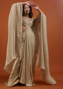Mocha Brown Gown With A Pre-Pleated Dhoti Skirt And Royal Cape Sleeves - NOOR 2022