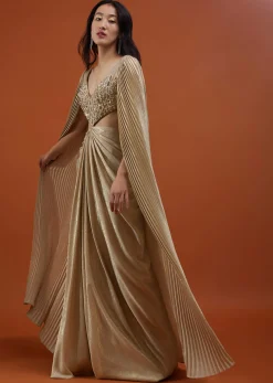 Mocha Brown Gown With A Pre-Pleated Dhoti Skirt And Royal Cape Sleeves - NOOR 2022