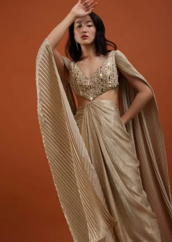 Mocha Brown Gown With A Pre-Pleated Dhoti Skirt And Royal Cape Sleeves - NOOR 2022