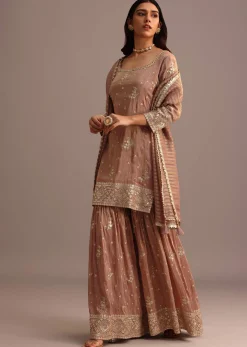 Mocha Mousse Sequins Kurti Sharara Set With Chanderi Banarasi Dupatta