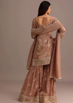Mocha Mousse Sequins Kurti Sharara Set With Chanderi Banarasi Dupatta