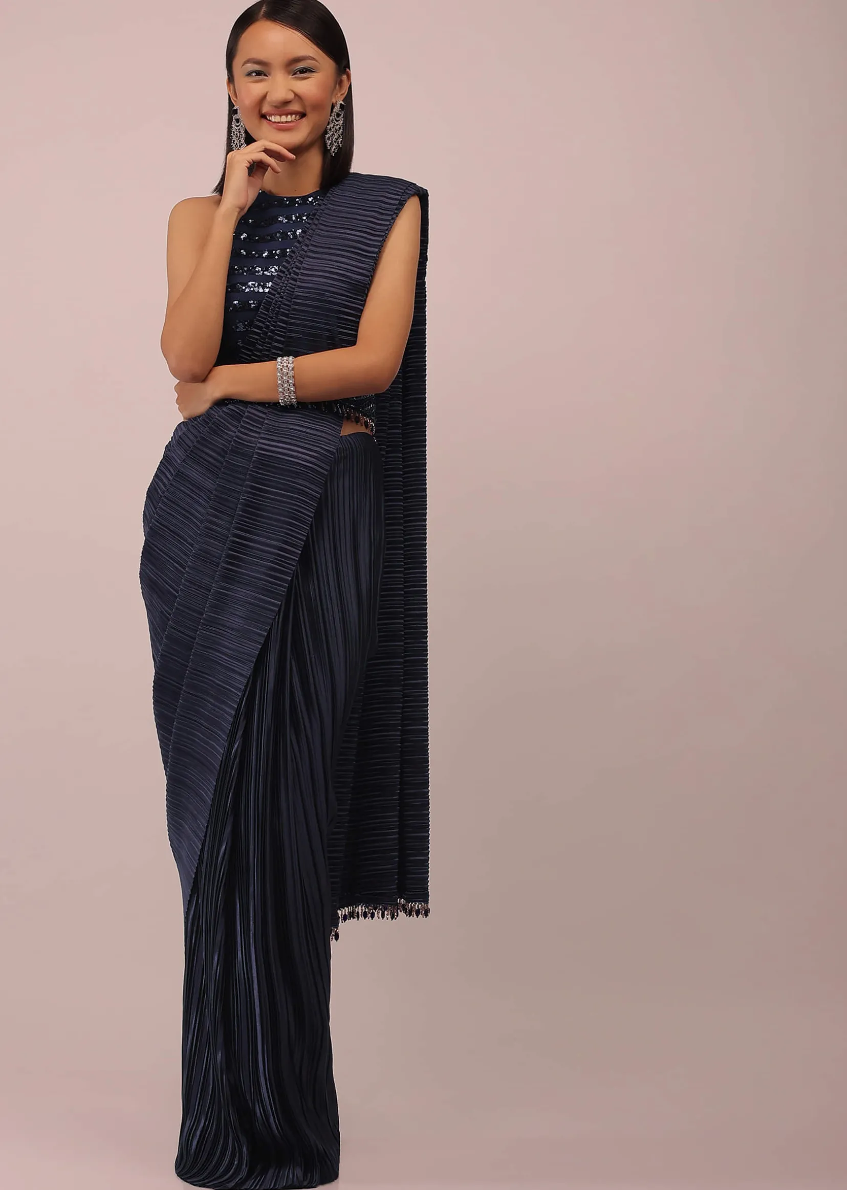 Mood Indigo Blue Saree With A Crop Top In Sequins Embroidery Paired With A Belt In Stones And Cut Dana Embroidery