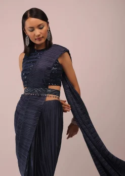 Mood Indigo Blue Saree With A Crop Top In Sequins Embroidery Paired With A Belt In Stones And Cut Dana Embroidery