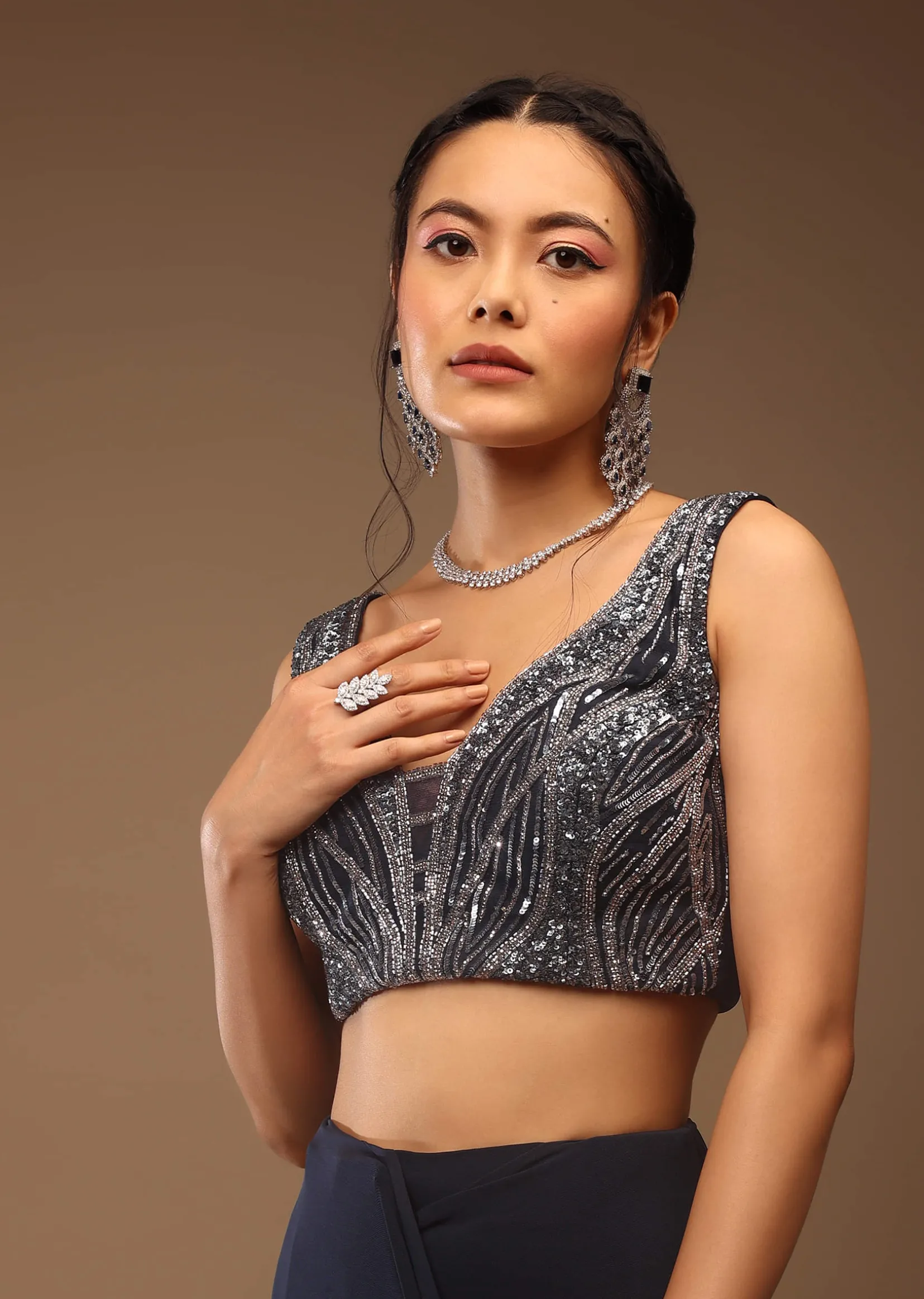 Mood Indigo Pre Drape Saree With A Crop Top In Sequins Embroidery Corset Neckline With A Tie-Up Tassel Dori At The Back