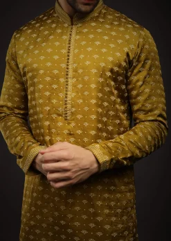 Moss Green Kurta Set In Satin Silk With 3D Printed Buttis