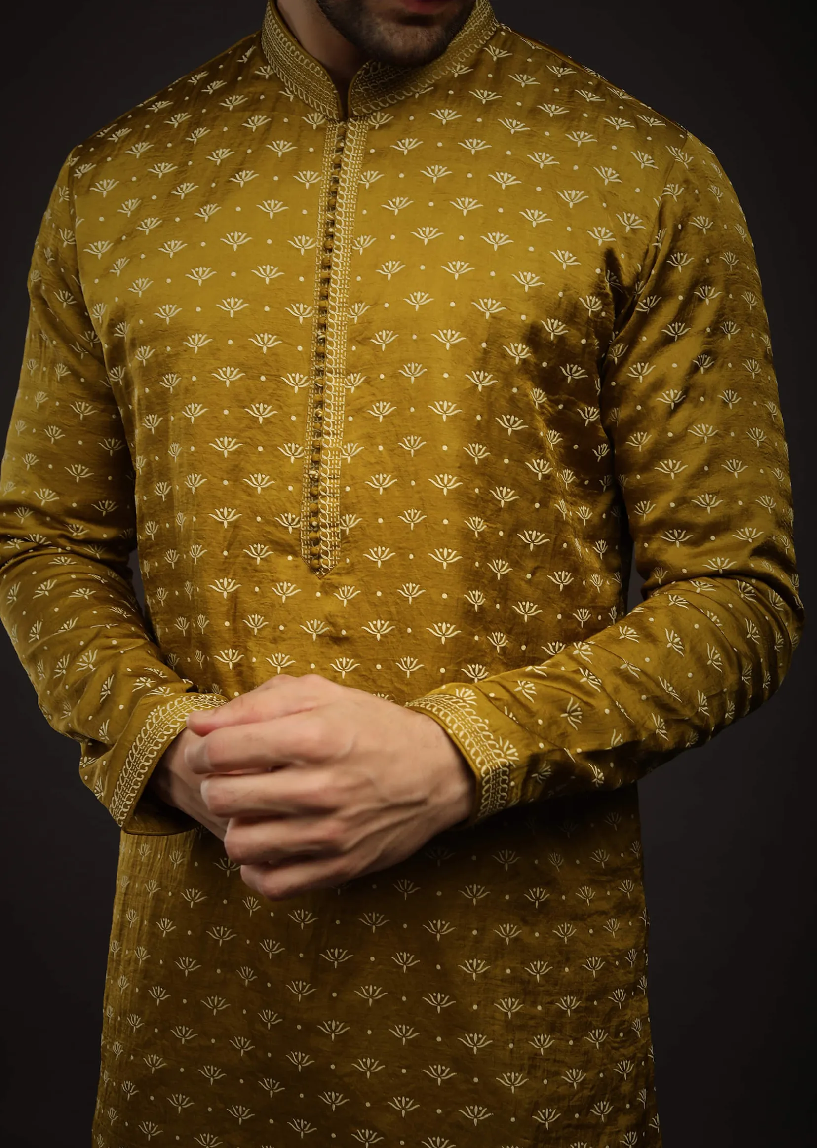 Moss Green Kurta Set In Satin Silk With 3D Printed Buttis