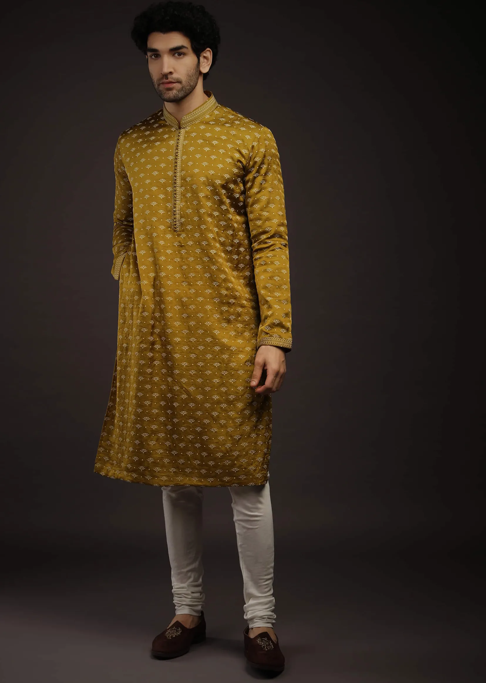 Moss Green Kurta Set In Satin Silk With 3D Printed Buttis