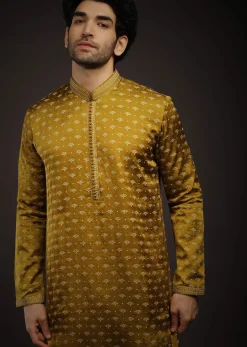 Moss Green Kurta Set In Satin Silk With 3D Printed Buttis