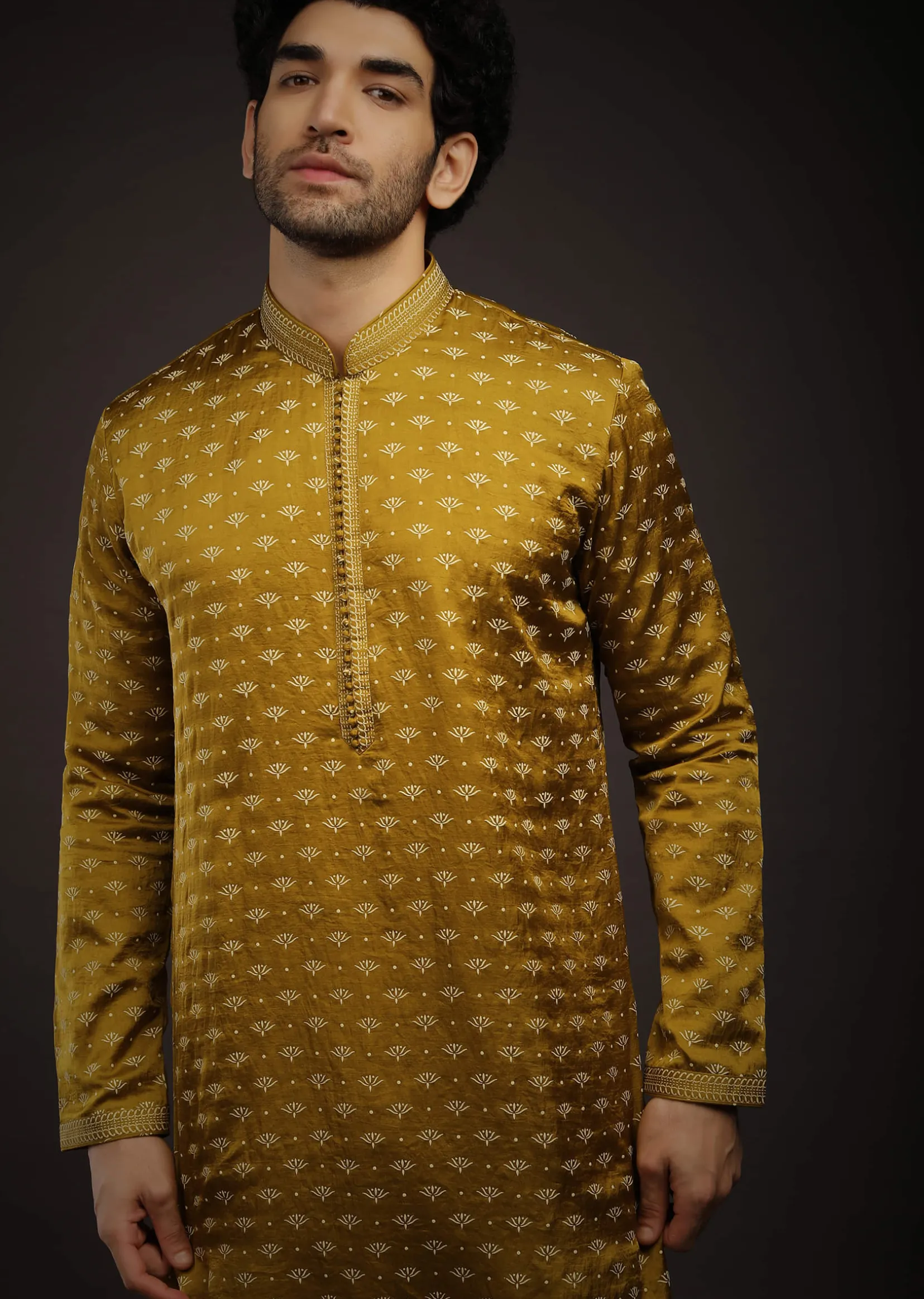 Moss Green Kurta Set In Satin Silk With 3D Printed Buttis