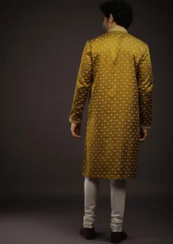 Moss Green Kurta Set In Satin Silk With 3D Printed Buttis