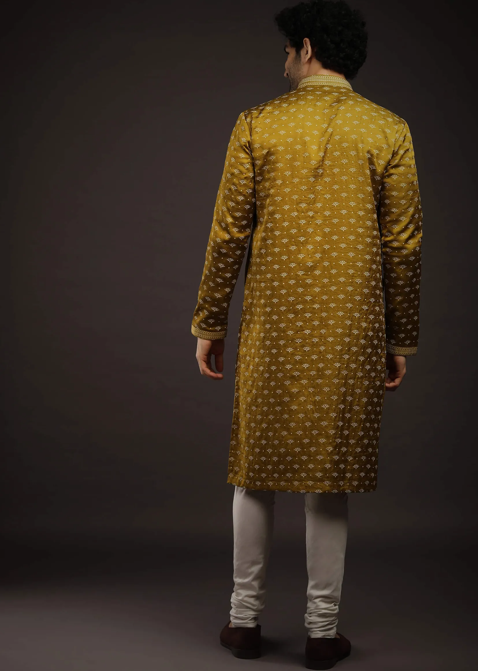 Moss Green Kurta Set In Satin Silk With 3D Printed Buttis