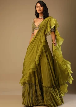 Moss Green Lehenga Saree In Crepe With Frill Drape And Hand Embroidered Choli Using Cut Dana Jaal