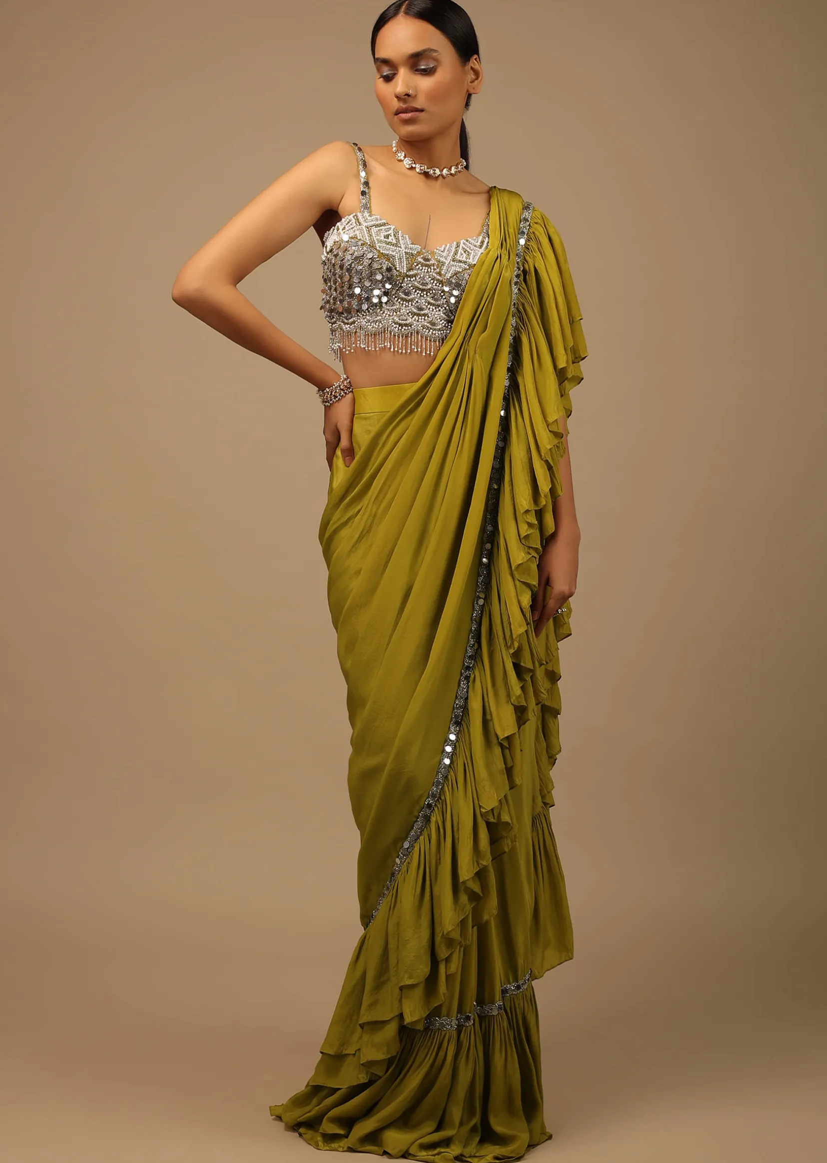 Moss Green Ready To Wear Ruffle Saree With A Heavy Sequins And Cut Dana Embroidered Crop Top